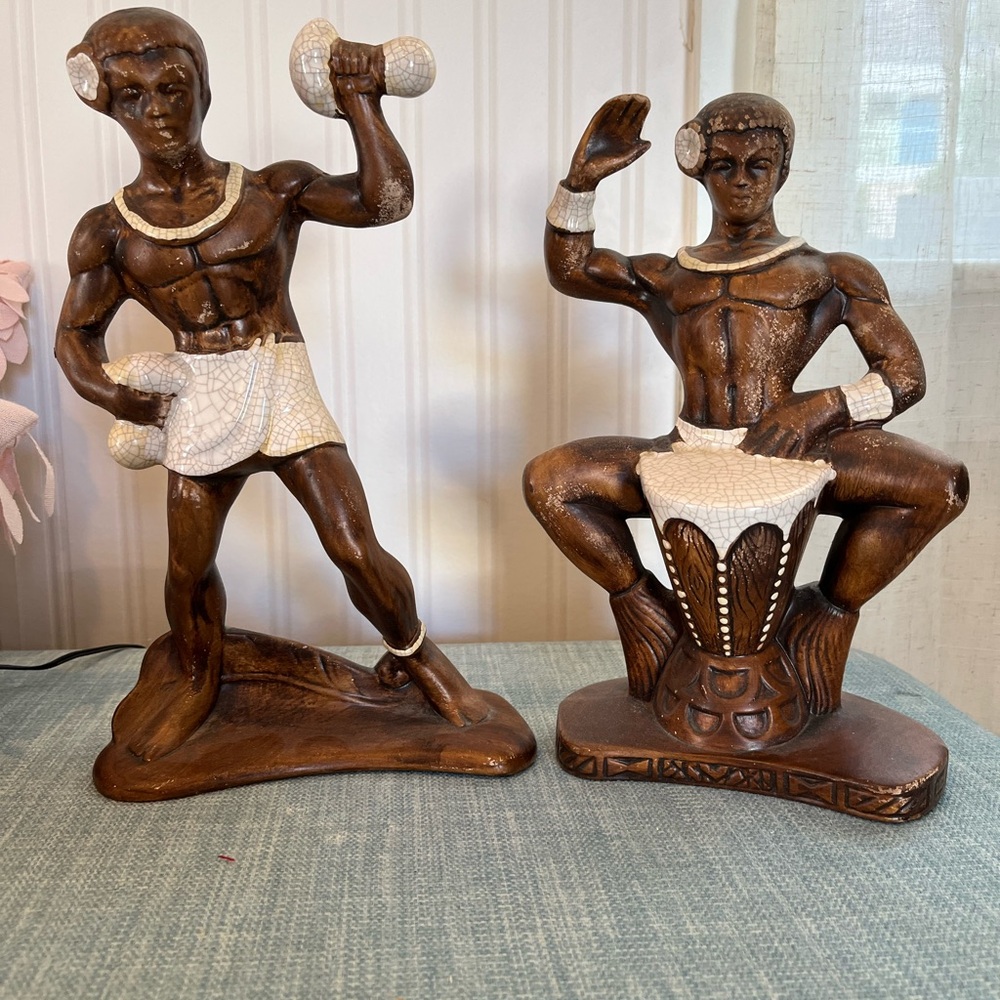 Hand-Carved Style Brown Ceramic Drummer Sculptures - Pair